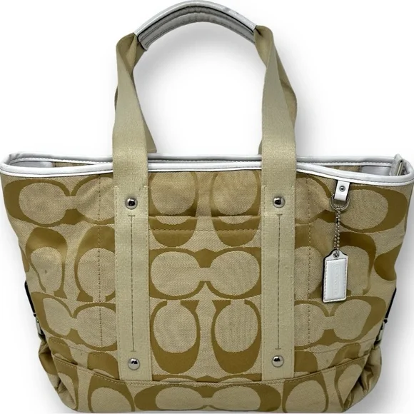 Coach Beige Signature Canvas Tote with Cream Trim - Picture 3 of 10